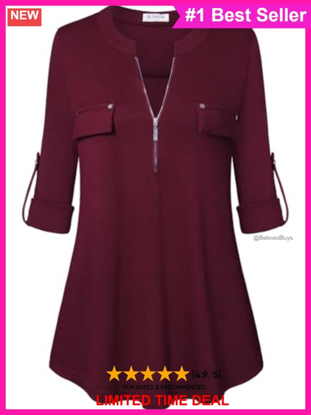 Womens V-Neck Zip Tunic Blouse 3/4 Roll-Up Sleeve Business Casual Top